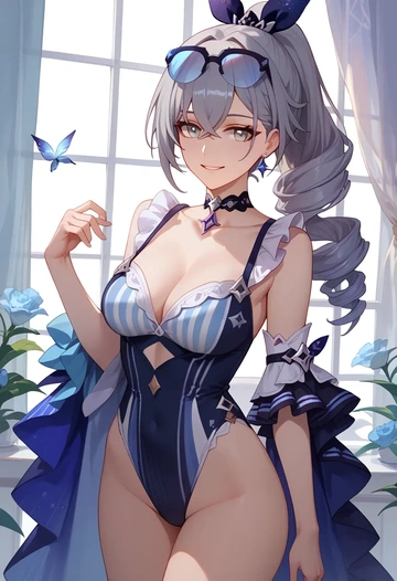 star rail,silver wolf,racerback swimsuit,striped trim,name tag patch  - AI generated anime art